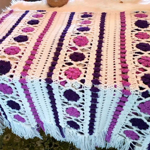 Hand Crocheted Blanket: Purple on White background:Size 105" x 68" approx - Picture 9 of 11